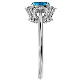 2/3 Carat Oval Shape Blue Topaz and Halo Diamond Ring In 1.4 Karat White Gold™