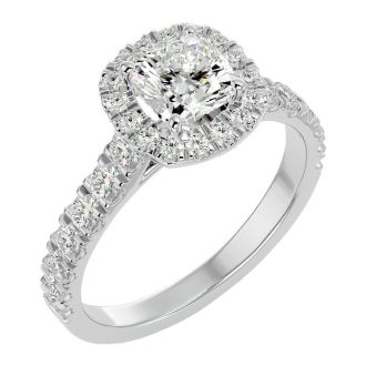 Moissanite Engagement Ring; 2 Carat Cushion Cut Moissanite Halo Engagement Ring In 14 Karat White Gold