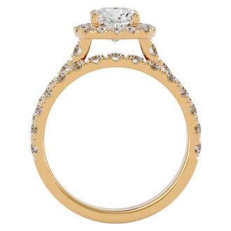 Moissanite Engagement Ring; 2 1/4 Carat Cushion Cut Moissanite Bridal Set In 14 Karat Yellow Gold