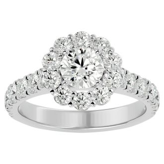 Moissanite Engagement Ring; 2 Carat Halo Moissanite Engagement Ring In 14 Karat White Gold