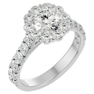 Moissanite Engagement Ring; 2 Carat Halo Moissanite Engagement Ring In 14 Karat White Gold