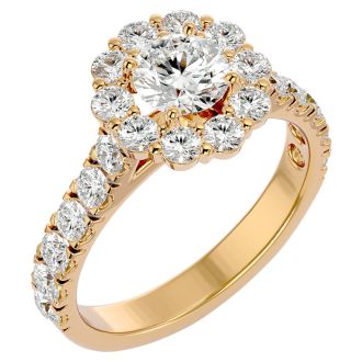 Moissanite Engagement Ring; 2 Carat Halo Moissanite Engagement Ring In 14 Karat Yellow Gold