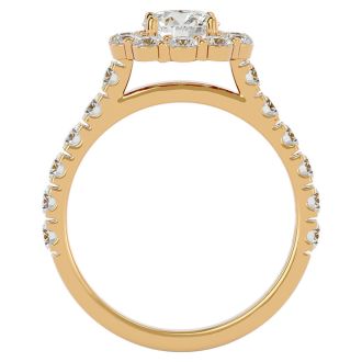 Moissanite Engagement Ring; 2 Carat Halo Moissanite Engagement Ring In 14 Karat Yellow Gold