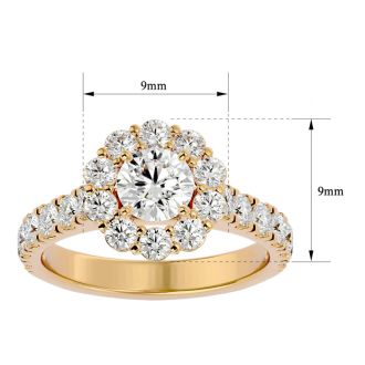 Moissanite Engagement Ring; 2 Carat Halo Moissanite Engagement Ring In 14 Karat Yellow Gold