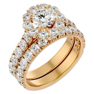 Moissanite Engagement Ring; 3 Carat Halo Moissanite Bridal Set In 14 Karat Yellow Gold