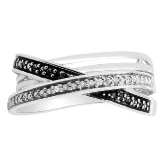 Black and White 8 Diamond Crossover Ring In Solid Sterling Silver.  Beautiful Ring, Amazing Price!