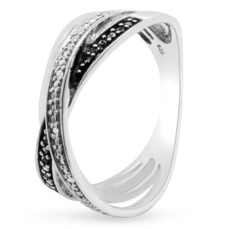 Black and White 8 Diamond Crossover Ring In Solid Sterling Silver.  Beautiful Ring, Amazing Price!