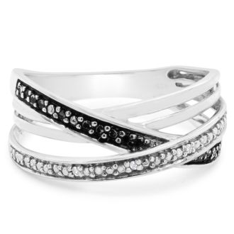 Black and White 8 Diamond Crossover Ring In Solid Sterling Silver.  Beautiful Ring, Amazing Price!