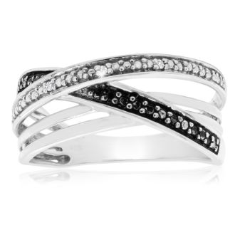 Black and White 8 Diamond Crossover Ring In Solid Sterling Silver.  Beautiful Ring, Amazing Price!