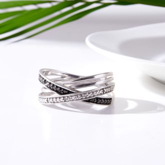 Black and White 8 Diamond Crossover Ring In Solid Sterling Silver.  Beautiful Ring, Amazing Price!