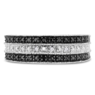 0.05 Carat Black and White Diamond Crossover Band Ring In Sterling Silver. 80% Lower Than Sold In Stores!