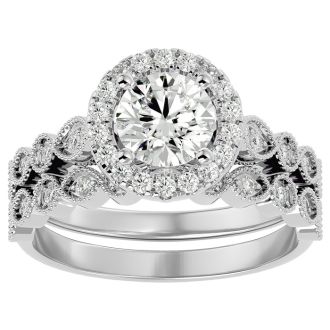 Moissanite Engagement Ring; 1 1/2 Carat Halo Moissanite Bridal Set In 14 Karat White Gold