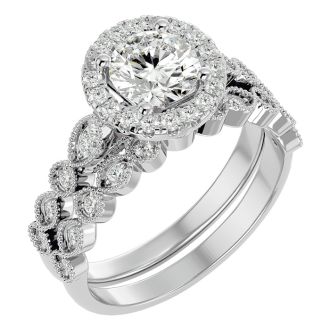 Moissanite Engagement Ring; 1 1/2 Carat Halo Moissanite Bridal Set In 14 Karat White Gold