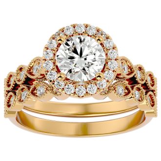 Moissanite Engagement Ring; 1 1/2 Carat Halo Moissanite Bridal Set In 14 Karat Yellow Gold
