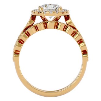 Moissanite Engagement Ring; 1 1/2 Carat Halo Moissanite Bridal Set In 14 Karat Yellow Gold