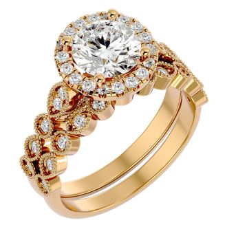 Moissanite Engagement Ring; 2 Carat Halo Moissanite Bridal Set In 14 Karat Yellow Gold