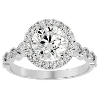 Moissanite Engagement Ring; 2 1/2 Carat Halo Moissanite Engagement Ring In 14 Karat White Gold