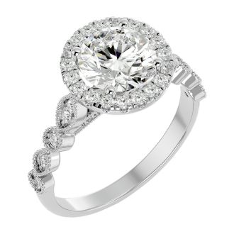 Moissanite Engagement Ring; 2 1/2 Carat Halo Moissanite Engagement Ring In 14 Karat White Gold