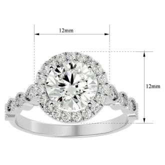 Moissanite Engagement Ring; 2 1/2 Carat Halo Moissanite Engagement Ring In 14 Karat White Gold