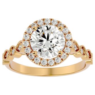 Moissanite Engagement Ring; 2 1/2 Carat Halo Moissanite Engagement Ring In 14 Karat Yellow Gold