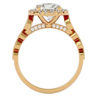 Moissanite Engagement Ring; 2 1/2 Carat Halo Moissanite Engagement Ring In 14 Karat Yellow Gold