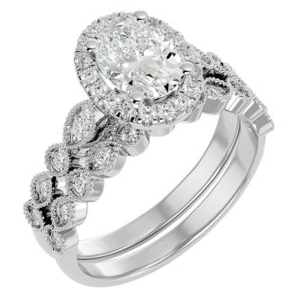 1 1/2 Carat Oval Shape Diamond Bridal Set In 14 Karat White Gold