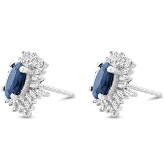 2 1/2 Carat Sapphire and Baguette Diamond Stud Earrings In Sterling Silver