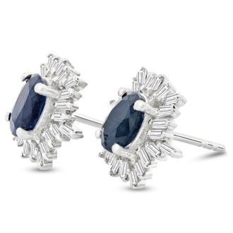 2 1/2 Carat Sapphire and Baguette Diamond Stud Earrings In Sterling Silver