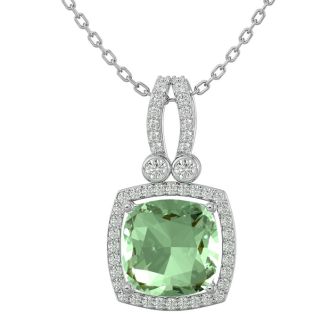 3 Carat Cushion Cut Green Amethyst and Halo Diamond Necklace In 14 Karat White Gold, 18 Inches
