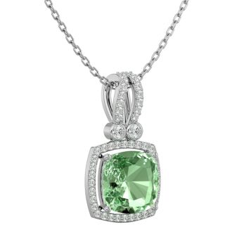 3 Carat Cushion Cut Green Amethyst and Halo Diamond Necklace In 14 Karat White Gold, 18 Inches