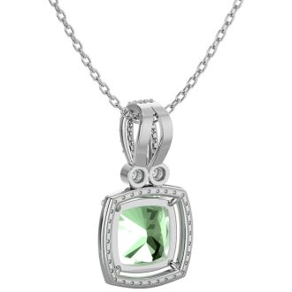 3 Carat Cushion Cut Green Amethyst and Halo Diamond Necklace In 14 Karat White Gold, 18 Inches