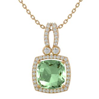 3 Carat Cushion Cut Green Amethyst and Halo Diamond Necklace In 14 Karat Yellow Gold, 18 Inches