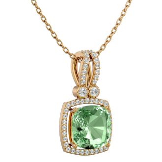 3 Carat Cushion Cut Green Amethyst and Halo Diamond Necklace In 14 Karat Yellow Gold, 18 Inches