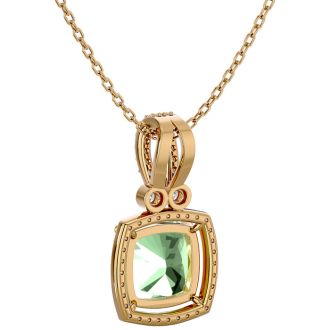 3 Carat Cushion Cut Green Amethyst and Halo Diamond Necklace In 14 Karat Yellow Gold, 18 Inches