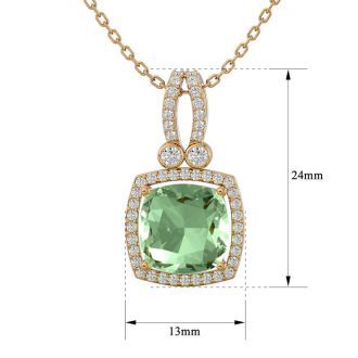 3 Carat Cushion Cut Green Amethyst and Halo Diamond Necklace In 14 Karat Yellow Gold, 18 Inches