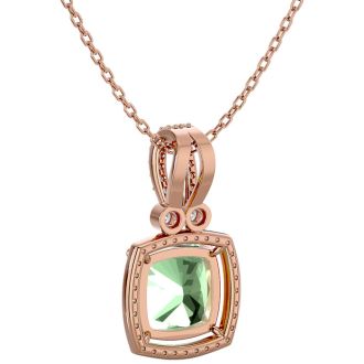 3 Carat Cushion Cut Green Amethyst and Halo Diamond Necklace In 14 Karat Rose Gold, 18 Inches