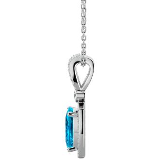 3 3/4 Carat Cushion Cut Blue Topaz and Halo Diamond Necklace In 14 Karat White Gold, 18 Inches