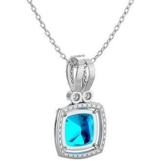 3 3/4 Carat Cushion Cut Blue Topaz and Halo Diamond Necklace In 14 Karat White Gold, 18 Inches