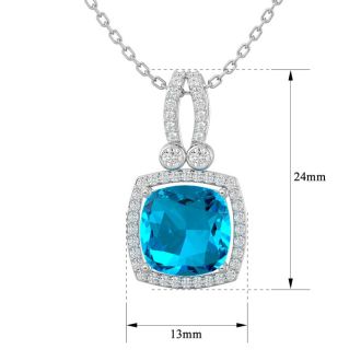 3 3/4 Carat Cushion Cut Blue Topaz and Halo Diamond Necklace In 14 Karat White Gold, 18 Inches