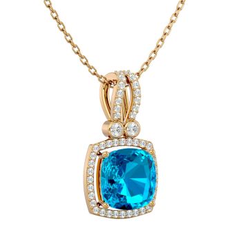 3 3/4 Carat Cushion Cut Blue Topaz and Halo Diamond Necklace In 14 Karat Yellow Gold, 18 Inches