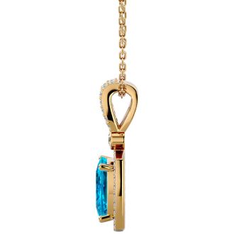3 3/4 Carat Cushion Cut Blue Topaz and Halo Diamond Necklace In 14 Karat Yellow Gold, 18 Inches
