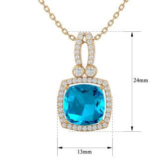 3 3/4 Carat Cushion Cut Blue Topaz and Halo Diamond Necklace In 14 Karat Yellow Gold, 18 Inches