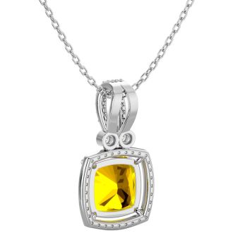3 Carat Cushion Cut Citrine and Halo Diamond Necklace In 14 Karat White Gold, 18 Inches