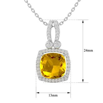 3 Carat Cushion Cut Citrine and Halo Diamond Necklace In 14 Karat White Gold, 18 Inches