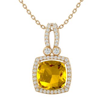 3 Carat Cushion Cut Citrine and Halo Diamond Necklace In 14 Karat Yellow Gold, 18 Inches