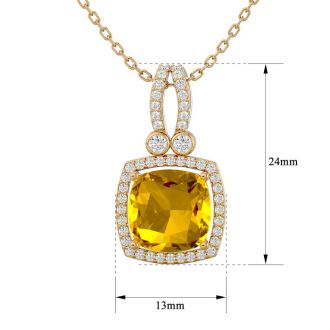 3 Carat Cushion Cut Citrine and Halo Diamond Necklace In 14 Karat Yellow Gold, 18 Inches
