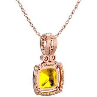 3 Carat Cushion Cut Citrine and Halo Diamond Necklace In 14 Karat Rose Gold, 18 Inches