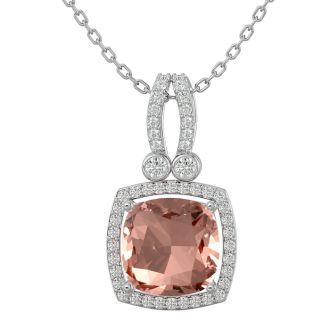 3-1/3 Carat Cushion Shape Morganite With Diamond Halo In 14 Karat White Gold With 18 Inch Chain