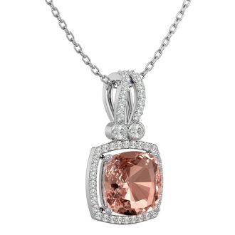 3-1/3 Carat Cushion Shape Morganite With Diamond Halo In 14 Karat White Gold With 18 Inch Chain