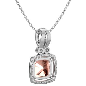 3-1/3 Carat Cushion Shape Morganite With Diamond Halo In 14 Karat White Gold With 18 Inch Chain